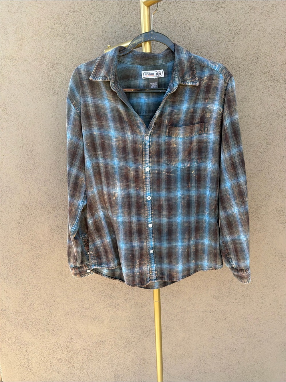 Y2K Blue Brown Plaid Flannel Distressed Bleach Grunge Button Collar Fall Shirt - Picture 4 of 8